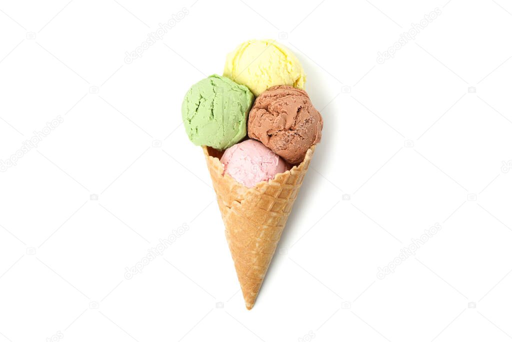 Ice cream in wafer cone isolated on white background