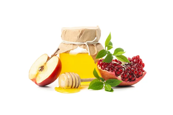 Appels Granaatappel Honing Geïsoleerd Witte Achtergrond Natuurlijke Behandeling — Stockfoto