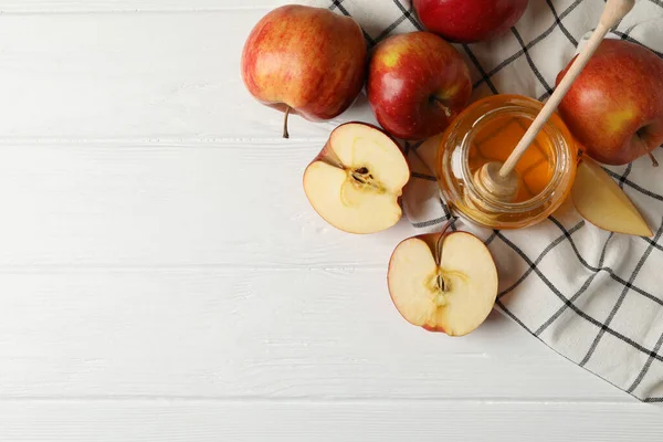 Äpfel Und Honig Auf Holzgrund Draufsicht — Stockfoto