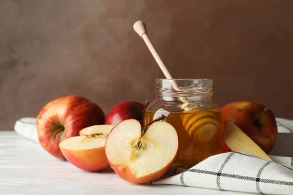 Apples Honey Brown Background Close — Stock Photo, Image