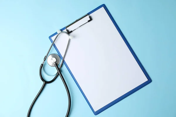 Tablet Stethoscope Blue Background Top View Space Text — Stock Photo, Image