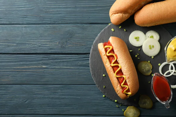 Tasty Hot Dog Ingredients Wooden Background — Stock Photo, Image