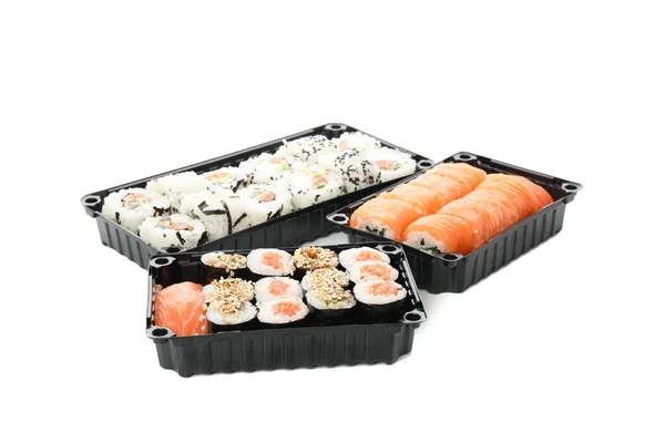 Recipientes Com Sushi Isolado Sobre Fundo Branco Entrega Alimentos — Fotografia de Stock