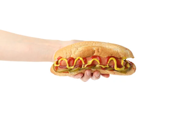 Ręka Trzyma Smacznego Hot Doga Izolowanego Białym Tle — Zdjęcie stockowe