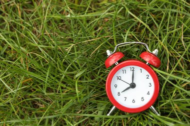 Yeşil çimen arka planında çalar saat. İlkbahar