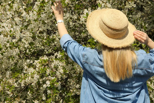 Mujer Con Sombrero Paja Floreciente Jardín Primavera Soleado Día Primavera — Foto de Stock