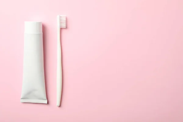 Toothbrush Toothpaste Pink Background Space Text — Stock Photo, Image