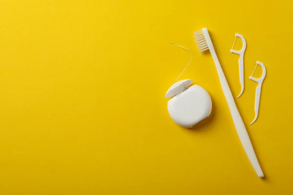 Tools Dental Care Yellow Background Space Text — Stock Photo, Image