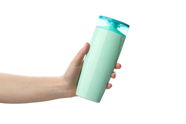 Female Hand Holds Shampoo Bottle Isolated White Background — Stock Photo, Image