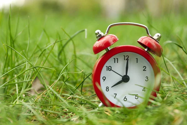 Reloj Despertador Sobre Fondo Hierba Verde Primavera —  Fotos de Stock