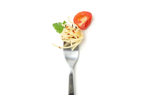 Gabel Mit Leckeren Pasta Isoliert Auf Weißem Hintergrund — Stockfoto
