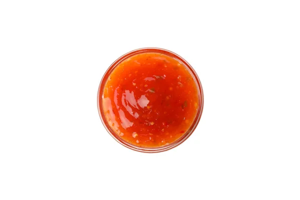 Ciotola Con Gustosa Salsa Peperoncino Isolato Sfondo Bianco — Foto Stock