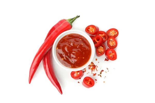 Chilli Bors Tál Mártással Izolált Fehér Alapon — Stock Fotó