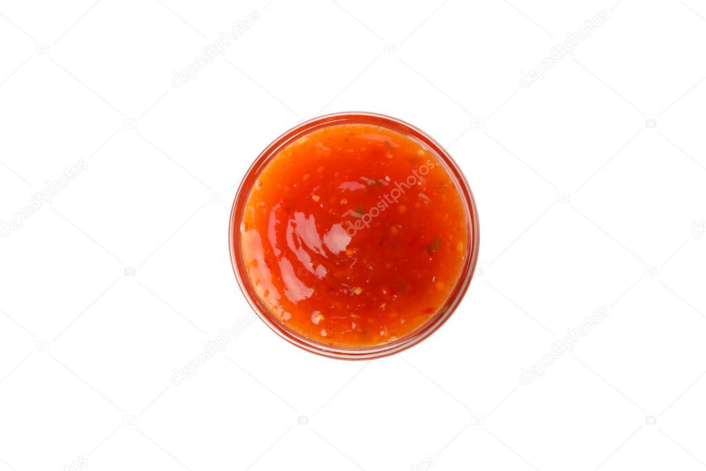 Bowl with tasty chilli sauce isolated on white background