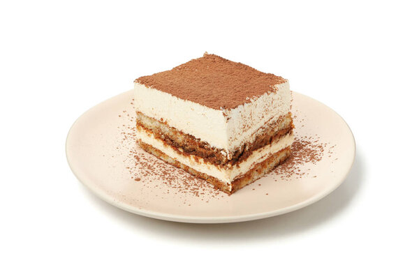 Sweet tiramisu isolated on white background. Tasty dessert