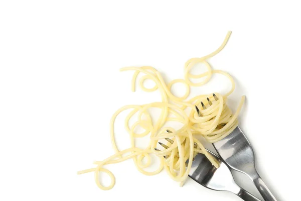 Vorken Met Smakelijke Pasta Geïsoleerd Witte Achtergrond — Stockfoto