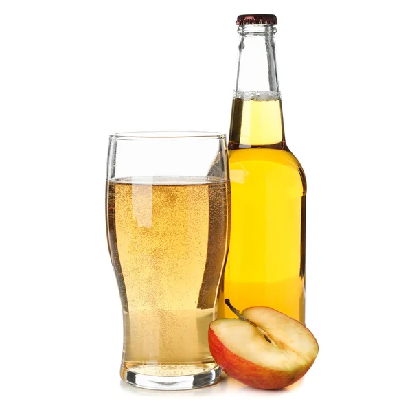 Manzana Vidrio Botella Con Sidra Aislada Sobre Fondo Blanco — Foto de Stock