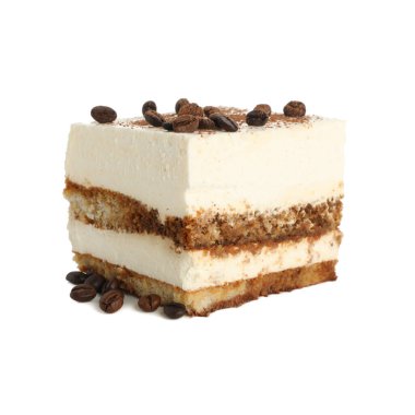 Beyaz arka planda izole edilmiş tatlı tiramisu. Lezzetli tatlı