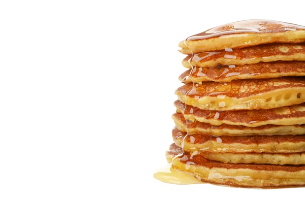 Leckere Pfannkuchen Mit Honig Isoliert Auf Weißem Hintergrund — Stockfoto