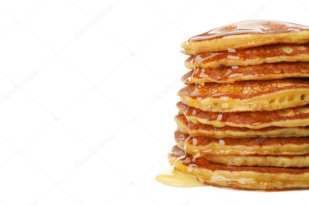 Tasty pancakes with honey isolated on white background