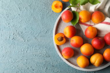 Çimento arka planında kayısı tepsisi olan kompozisyon