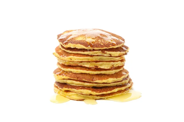 Lekkere Pannenkoeken Met Honing Geïsoleerd Witte Achtergrond Lekker Ontbijt — Stockfoto
