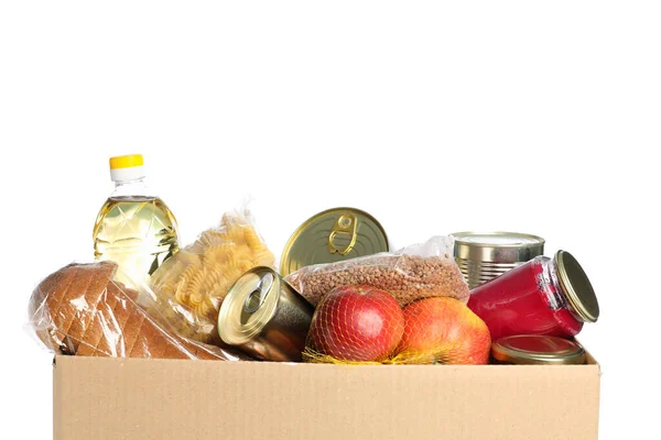 Коробка Пожертвувань Ізольована Білому Тлі Паперова Коробка Їжею — стокове фото