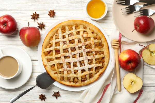 Composition Avec Tarte Aux Pommes Ingrédients Sur Fond Bois Vue — Photo