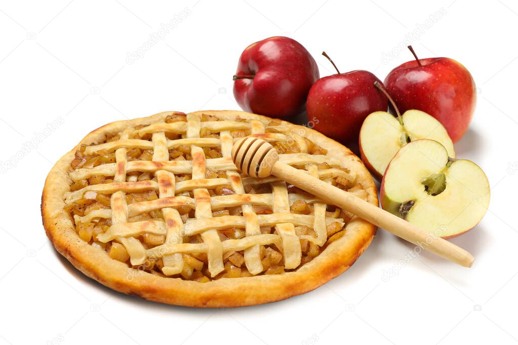 Tasty apple pie, apples and dipper isolated on white background