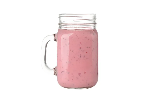 Pot Verre Avec Milkshake Fraise Framboise Isolé Sur Fond Blanc — Photo