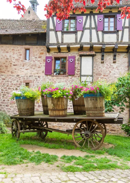 Carro decorado en el histórico pueblo de Riquewihr, Alsacia . — Foto de Stock