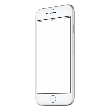 White smart phone similar to iPhone mockup slightly CW rotated with blank screen 