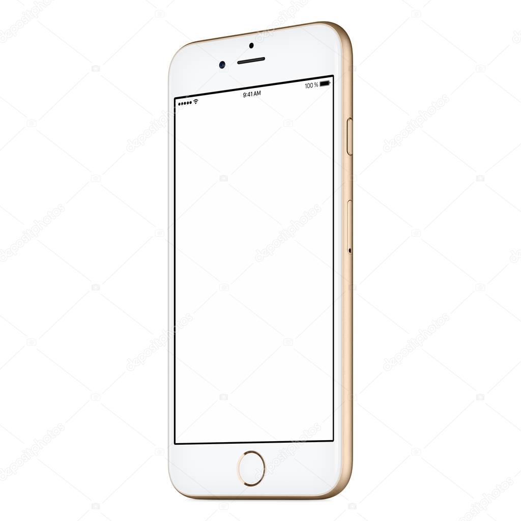 Gold smartphone mock-up similar to iPhone CW slightly rotated with blank screen 