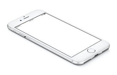 White smartphone similar to iPhone mockup CCW rotated lies on the surface