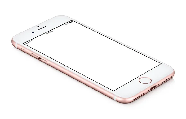 Modello di smartphone in oro rosa simile a iPhone CCW giace ruotato sulla superficie — Foto Stock