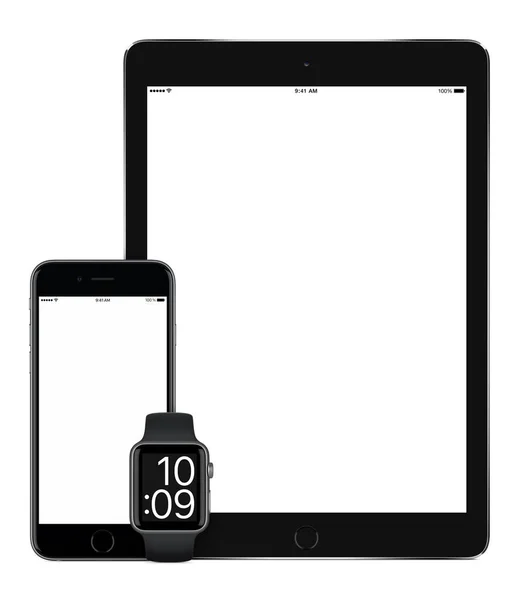 ブラック タブレット コンピューター スマート フォンと垂直のスマートウォッチ — ストック写真