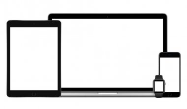 Dizüstü bilgisayar tablet pc akıllı telefon akıllı saat çoklu cihazlar mockup ayarlayın. Macbook, ipad, iphone ve apple watch duyarlı mockup.