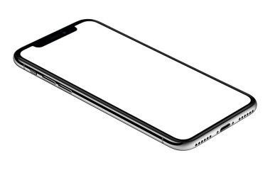 Iphone X Ccw'ye benzer akıllı telefon maketi, beyaz arka plan üzerinde izole edilmiş yüzeyde yatıyor