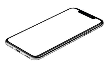 Iphone X Cw'ye benzer akıllı telefon maketi, beyaz arka plan üzerinde izole edilmiş yüzeyde yatıyor