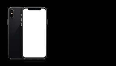 Yeni modern siyah akıllı telefon mockup kopyalama alanı ile siyah arka plan üzerinde iphone X ön ve arka yana benzer