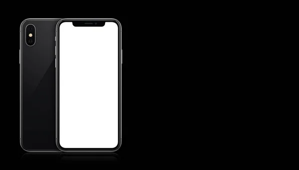 Новый современный черный макет смартфона похож на iPhone X лицевой и задней стороны на черном фоне с копировальным пространством — стоковое фото