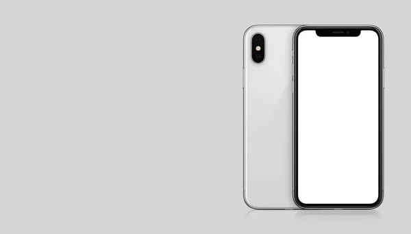 Nieuwe moderne witte smartphone mockup vergelijkbaar met iPhone X voor-en achterkant zijden op grijze achtergrond met Kopieer ruimte — Stockfoto