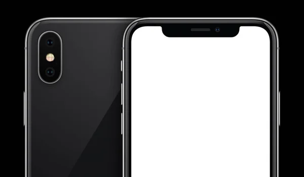 Simulacro de smartphone negro similar a los lados delanteros y traseros del iPhone X sobre fondo negro con espacio de copia recortado de cerca —  Fotos de Stock