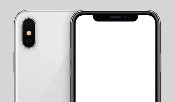 White smartphone mockup similar to iPhone X front and back sides on gray background with copy space cropped close-up — Zdjęcie stockowe