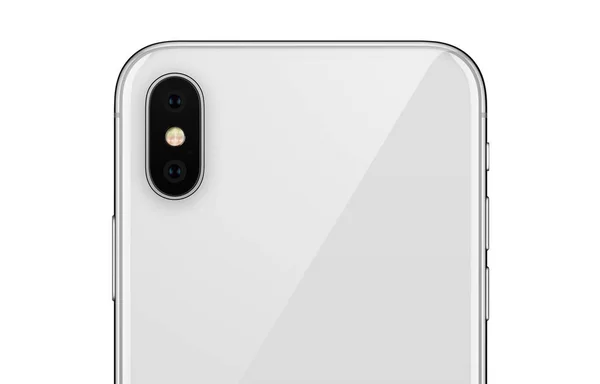 흰색 배경에 격리 된 카메라 모듈로 iPhone X 뒷면과 유사한 흰색 스마트 폰을 닫습니다. — 스톡 사진