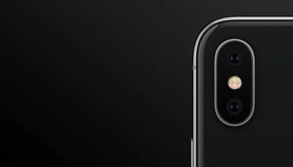 Closeup smartphone preto semelhante ao módulo de câmera dupla iPhone X no banner de fundo preto com copyspace — Fotografia de Stock