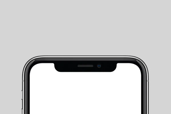 Close-up nieuwe moderne smartphone vergelijkbaar met iPhone X mockup met Kopieer ruimte op grijze achtergrond — Stockfoto