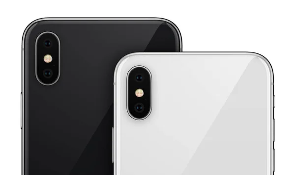 Close up black and white smartphone similar to iPhone X back sides with camera modules cropped — Stock Photo, Image