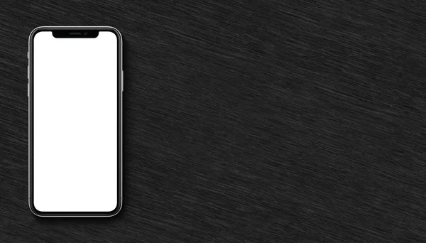 Smartphone similar to iPhone X mockup flat lay top view lying on black wooden office desk banner with copy space — Stock Photo, Image