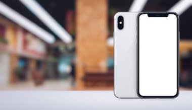 Akıllı telefon iphone X mockup ön ve arka yanları ofis alanı afiş içinde masaüzerinde kopya alanı ile benzer